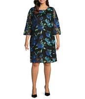 Caroline Rose Plus Bella Embroidered Blooms Mesh Knit Scoop Neck 3/4 Bell Sleeve A-Line Dress