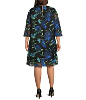 Caroline Rose Plus Bella Embroidered Blooms Mesh Knit Scoop Neck 3/4 Bell Sleeve A-Line Dress
