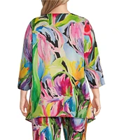 Caroline Rose Plus Brilliant Bouquet Breezy Stretch Woven V-Neck 3/4 Sleeve Tunic
