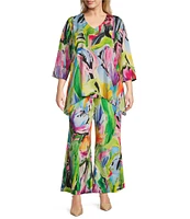 Caroline Rose Plus Brilliant Bouquet Breezy Stretch Woven V-Neck 3/4 Sleeve Tunic