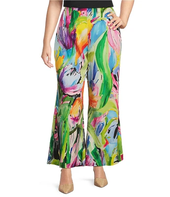 Caroline Rose Plus Brilliant Bouquet Print Breezy Stretch Woven Wide Leg Coordinating Pants