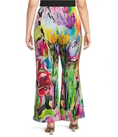 Caroline Rose Plus Brilliant Bouquet Print Breezy Stretch Woven Wide Leg Coordinating Pants