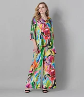 Caroline Rose Plus Brilliant Bouquet Print Breezy Stretch Woven Wide Leg Coordinating Pants