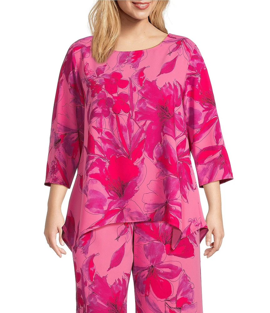 Caroline Rose Plus Flower Splash Print Scoop Neck 3/4 Sleeve Party Top