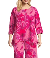 Caroline Rose Plus Flower Splash Print Scoop Neck 3/4 Sleeve Party Top