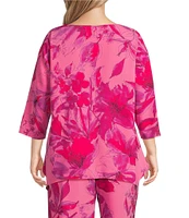 Caroline Rose Plus Flower Splash Print Scoop Neck 3/4 Sleeve Party Top