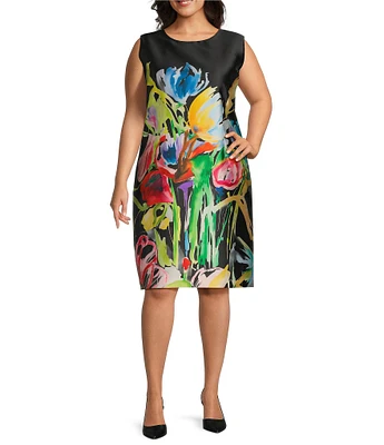 Caroline Rose Plus Mikado Brilliant Bouquet Round Neck Sleeveless Sheath Dress