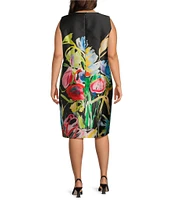 Caroline Rose Plus Mikado Brilliant Bouquet Round Neck Sleeveless Sheath Dress