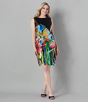 Caroline Rose Plus Mikado Brilliant Bouquet Round Neck Sleeveless Sheath Dress