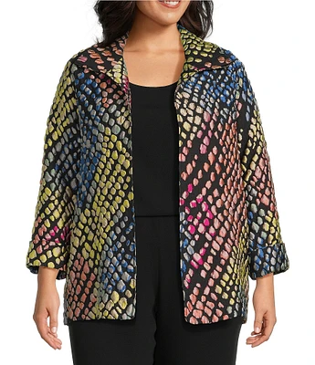 Caroline Rose Plus Mosaic Pattern Cloque Spread Collar Bracelet Sleeve Open-Front Statement Jacket