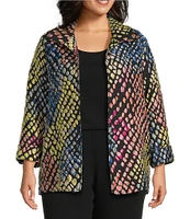 Caroline Rose Plus Mosaic Pattern Cloque Spread Collar Bracelet Sleeve Open-Front Statement Jacket
