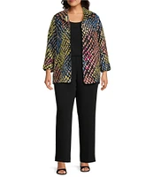 Caroline Rose Plus Mosaic Pattern Cloque Spread Collar Bracelet Sleeve Open-Front Statement Jacket