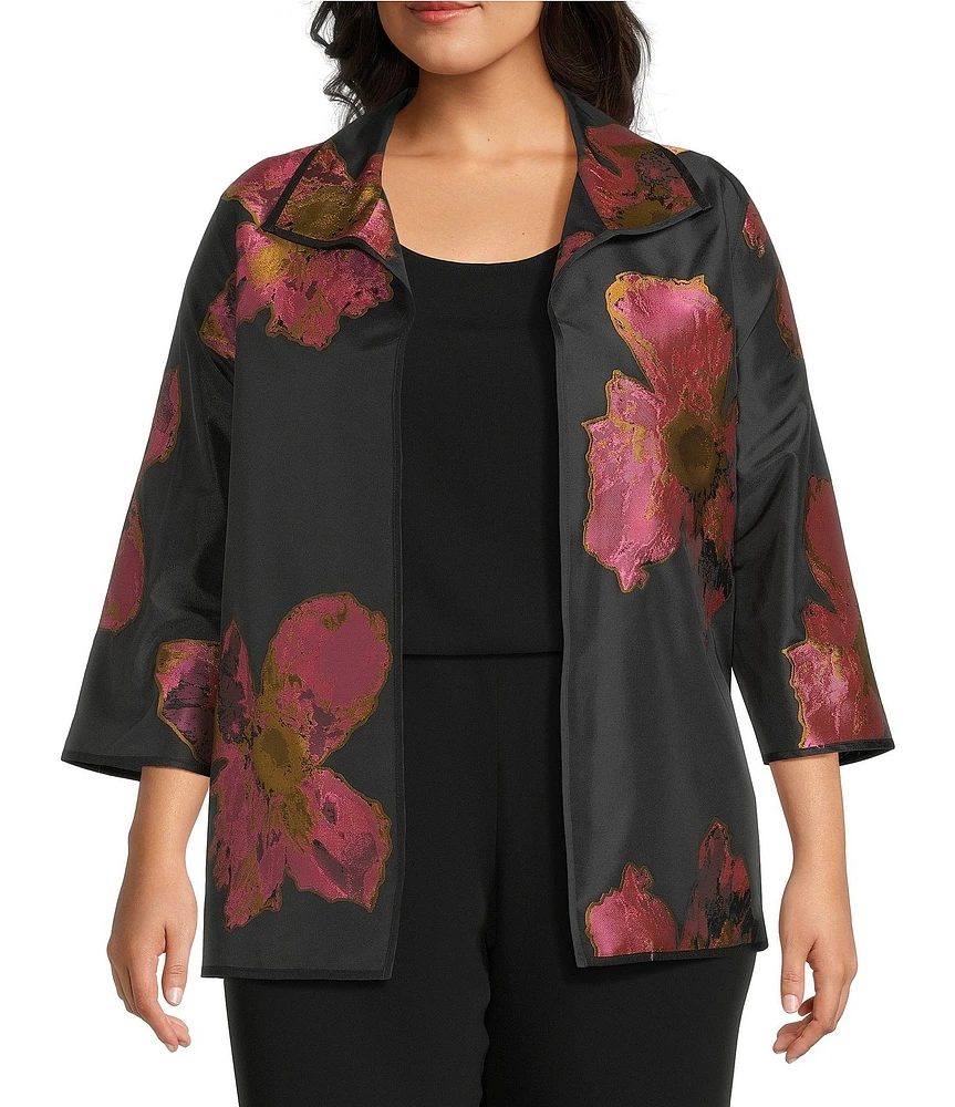 Caroline Rose Plus Pink Petal Print Devore Spread Collar Bracelet Sleeve Open-Front Statement Jacket