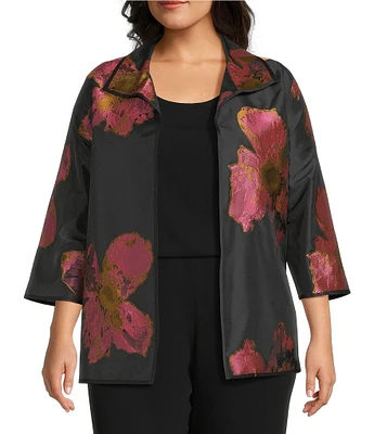 Caroline Rose Plus Pink Petal Print Devore Spread Collar Bracelet Sleeve Open-Front Statement Jacket