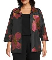 Caroline Rose Plus Pink Petal Print Devore Spread Collar Bracelet Sleeve Open-Front Statement Jacket