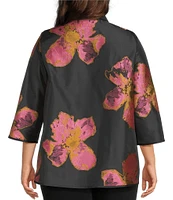 Caroline Rose Plus Pink Petal Print Devore Spread Collar Bracelet Sleeve Open-Front Statement Jacket