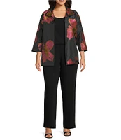 Caroline Rose Plus Pink Petal Print Devore Spread Collar Bracelet Sleeve Open-Front Statement Jacket
