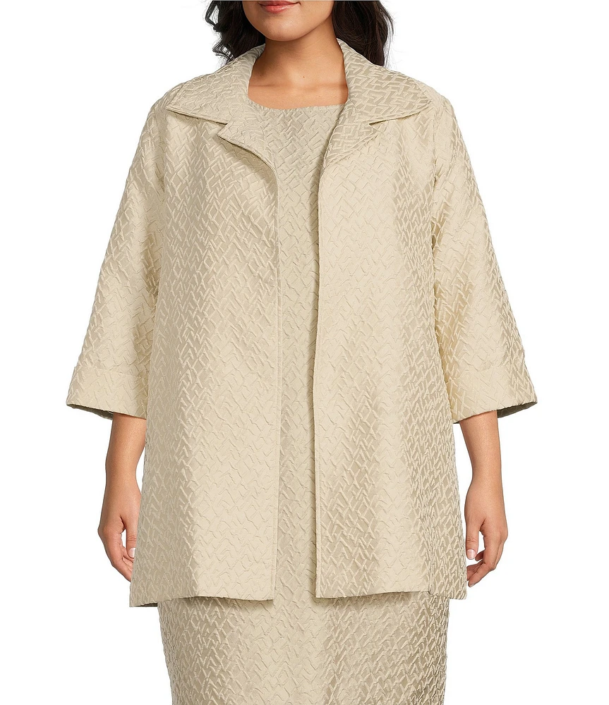Caroline Rose Plus Shimmering Sands Textured Jacquard Notch Collar Bracelet Sleeve Open-Front Statement Jacket