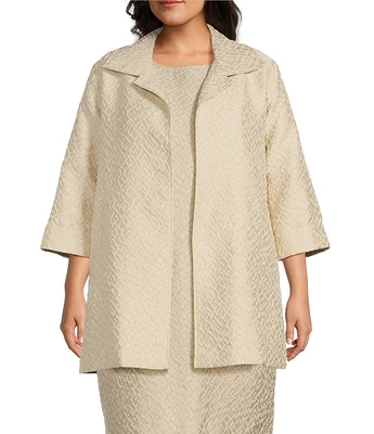 Caroline Rose Plus Shimmering Sands Textured Jacquard Notch Collar Bracelet Sleeve Open-Front Statement Jacket