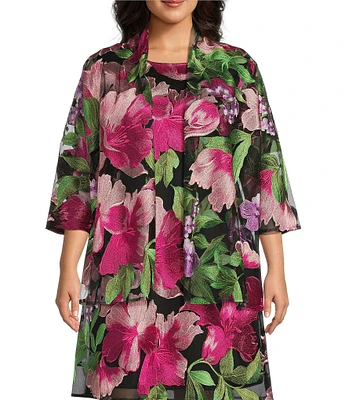 Caroline Rose Plus Size Abundant Blooms Embroidered Mesh 3/4 Sleeve Open-Front Jacket