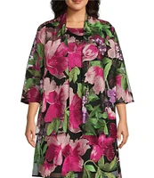 Caroline Rose Plus Size Abundant Blooms Embroidered Mesh 3/4 Sleeve Open-Front Jacket