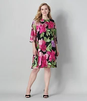 Caroline Rose Plus Size Abundant Blooms Embroidered Mesh Round Neck 3/4 Sleeve A-Line Dress