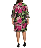 Caroline Rose Plus Size Abundant Blooms Embroidered Mesh Round Neck 3/4 Sleeve A-Line Dress