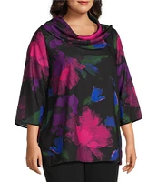 Caroline Rose Plus Size Autumn Allure Print Cowl Neck 3/4 Sleeve Easy Fit Tunic