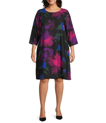 Caroline Rose Plus Size Autumn Allure Print Scoop Neck 3/4 Sleeve A-line Dress