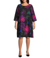 Caroline Rose Plus Size Autumn Allure Print Scoop Neck 3/4 Sleeve A-line Dress