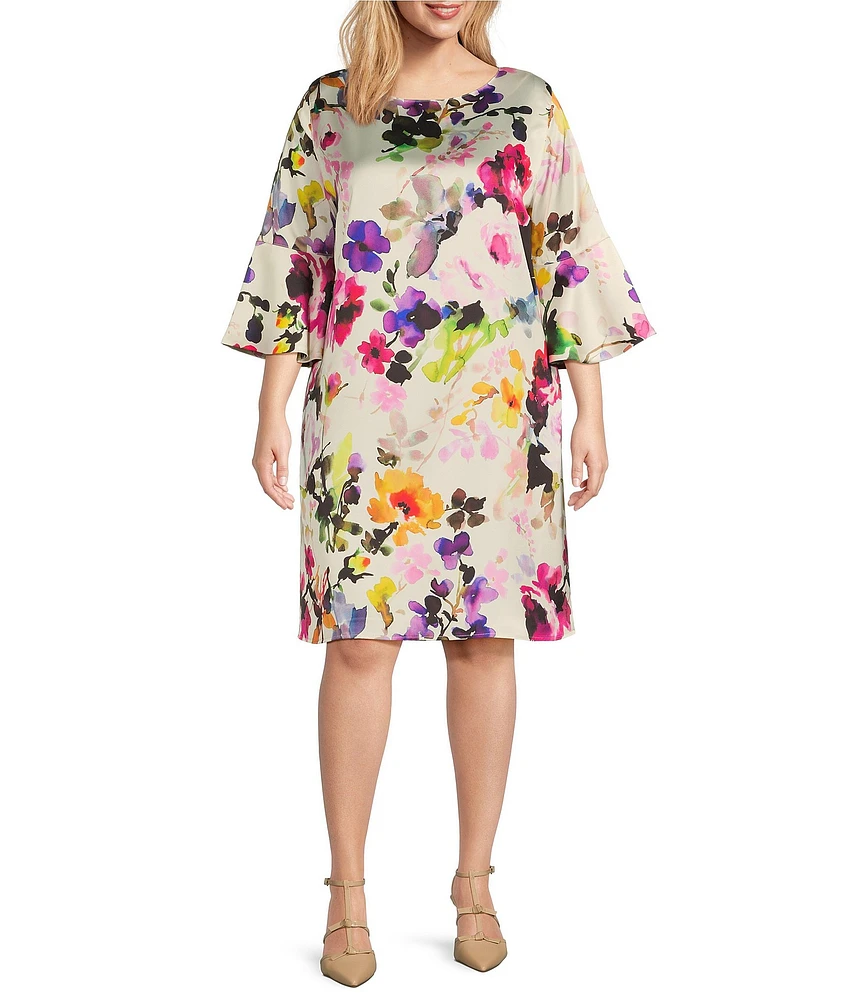 Caroline Rose Plus Size Bella Brilliant Bouquet Floral Print Satin Scoop Neck 3/4 Soft Bell Sleeve A-Line Dress