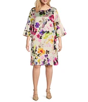 Caroline Rose Plus Size Bella Brilliant Bouquet Floral Print Satin Scoop Neck 3/4 Soft Bell Sleeve A-Line Dress