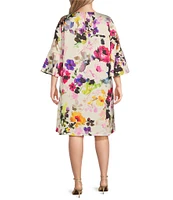Caroline Rose Plus Size Bella Brilliant Bouquet Floral Print Satin Scoop Neck 3/4 Soft Bell Sleeve A-Line Dress