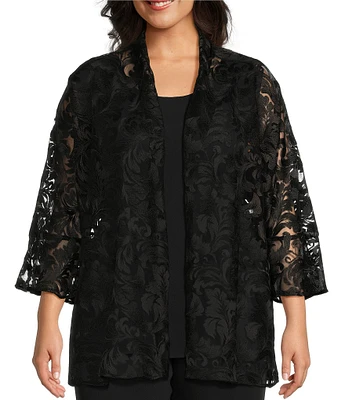 Caroline Rose Plus Size Bella Soiree Embroidered Mesh Lace 3/4 Bell Sleeve Cardigan