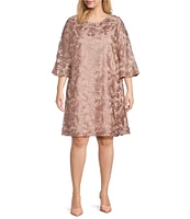 Caroline Rose Plus Size Bella Soiree Embroidered Mesh Lace 3/4 Bell Sleeve Shift Dress