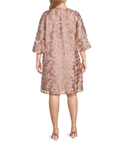 Caroline Rose Plus Size Bella Soiree Embroidered Mesh Lace 3/4 Bell Sleeve Shift Dress