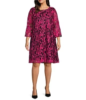 Caroline Rose Plus Size Bella Soiree Embroidered Mesh Lace 3/4 Bell Sleeve Shift Dress