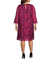 Caroline Rose Plus Size Bella Soiree Embroidered Mesh Lace 3/4 Bell Sleeve Shift Dress