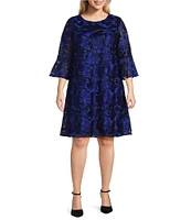 Caroline Rose Plus Size Bella Soiree Embroidered Mesh Lace 3/4 Bell Sleeve Shift Dress