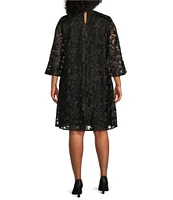 Caroline Rose Plus Size Bella Soiree Embroidered Mesh Lace 3/4 Bell Sleeve Shift Dress