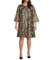 Caroline Rose Plus Size Bella Soiree Embroidered Mesh Lace 3/4 Bell Sleeve Shift Dress