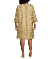 Caroline Rose Plus Size Bella Soiree Embroidered Mesh Lace 3/4 Bell Sleeve Shift Dress