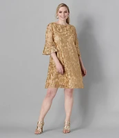Caroline Rose Plus Size Bella Soiree Embroidered Mesh Lace 3/4 Bell Sleeve Shift Dress