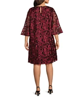 Caroline Rose Plus Size Bella Soiree Embroidered Mesh Lace 3/4 Bell Sleeve Shift Dress