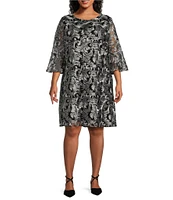 Caroline Rose Plus Size Bella Soiree Embroidered Mesh Lace 3/4 Bell Sleeve Shift Dress