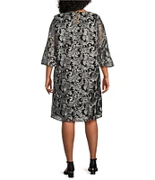 Caroline Rose Plus Size Bella Soiree Embroidered Mesh Lace 3/4 Bell Sleeve Shift Dress