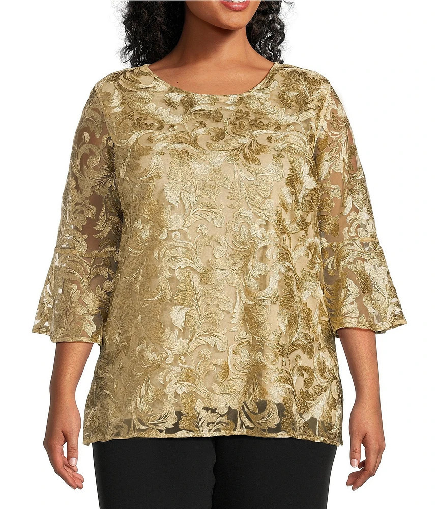 Caroline Rose Plus Size Bella Soiree Embroidered Mesh Lace Scoop Neck 3/4 Bell Sleeve Tunic