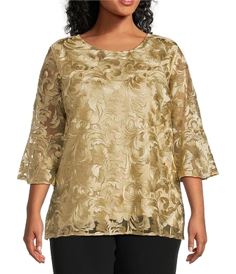 Caroline Rose Plus Size Bella Soiree Embroidered Mesh Lace Scoop Neck 3/4 Bell Sleeve Tunic