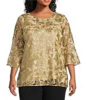 Caroline Rose Plus Size Bella Soiree Embroidered Mesh Lace Scoop Neck 3/4 Bell Sleeve Tunic