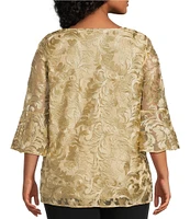 Caroline Rose Plus Size Bella Soiree Embroidered Mesh Lace Scoop Neck 3/4 Bell Sleeve Tunic